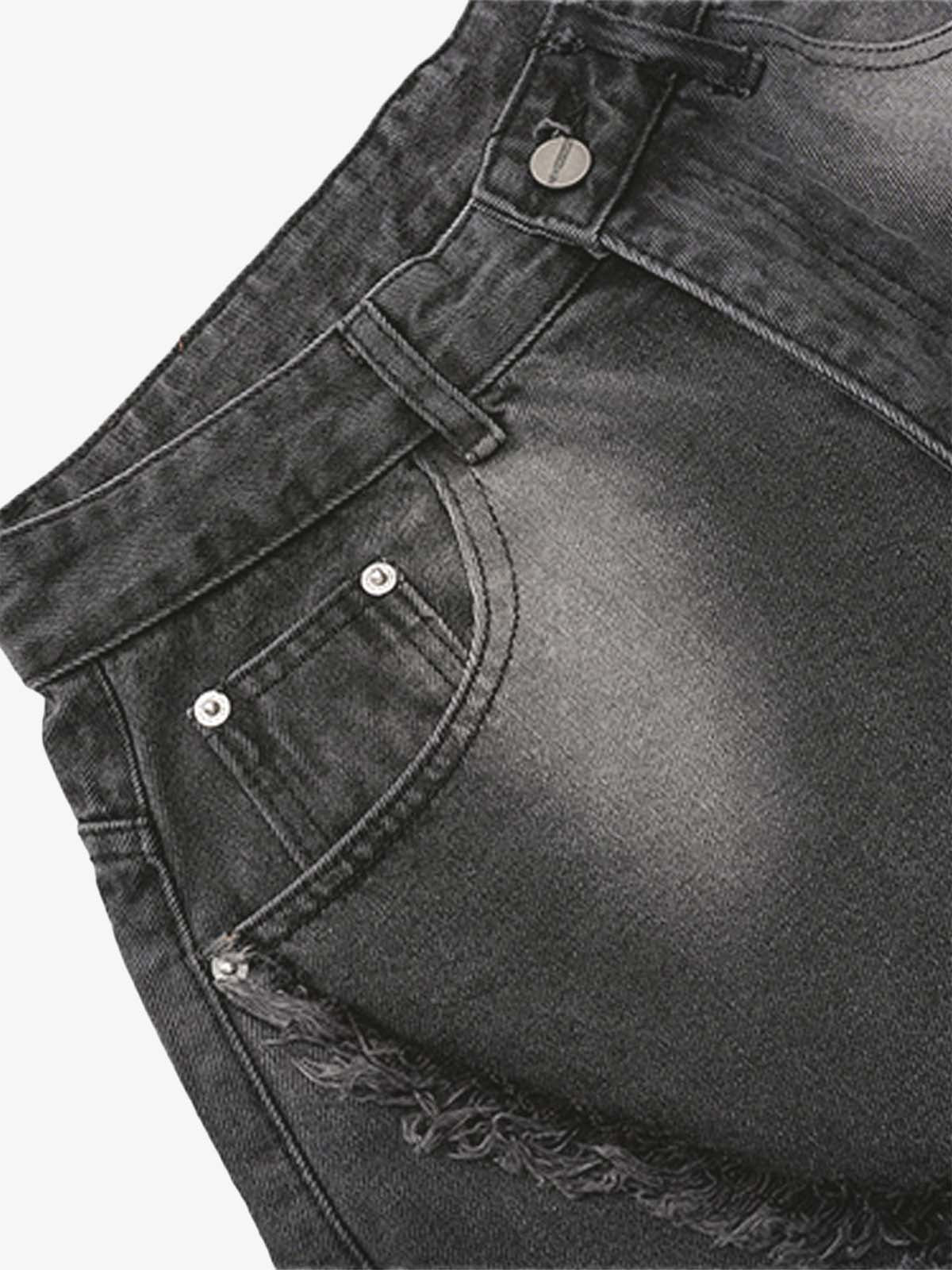 Washed Distressed Raw Edge Barrel Synthetic Leather Jeans (Dark Grey M) - Jeans | Zavonix