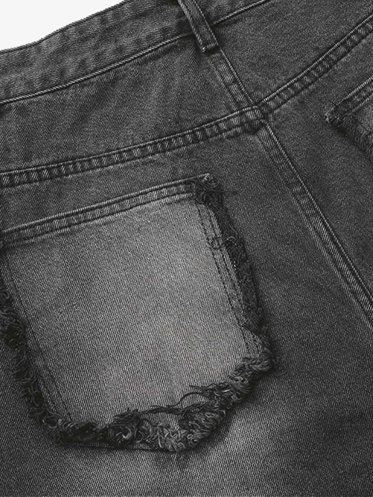 Washed Distressed Raw Edge Barrel Synthetic Leather Jeans (Dark Grey M) - Jeans | Zavonix