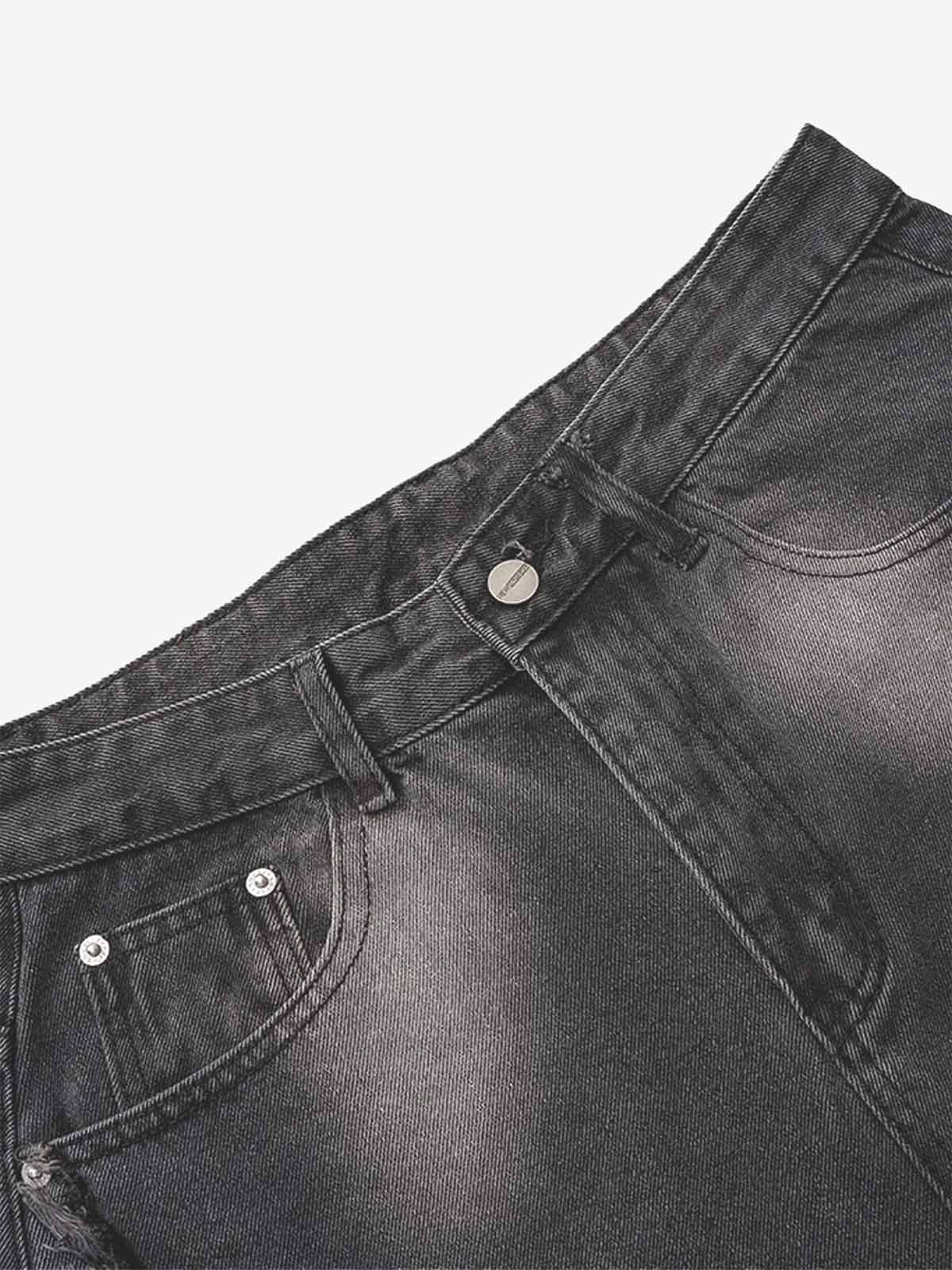 Washed Distressed Raw Edge Barrel Synthetic Leather Jeans (Dark Grey M) - Jeans | Zavonix