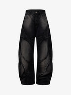 Washed Distressed Raw Edge Barrel Synthetic Leather Jeans (Black M) - Jeans | Zavonix