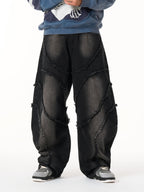 Washed Distressed Raw Edge Barrel Synthetic Leather Jeans (Dark Grey M) - Jeans | Zavonix