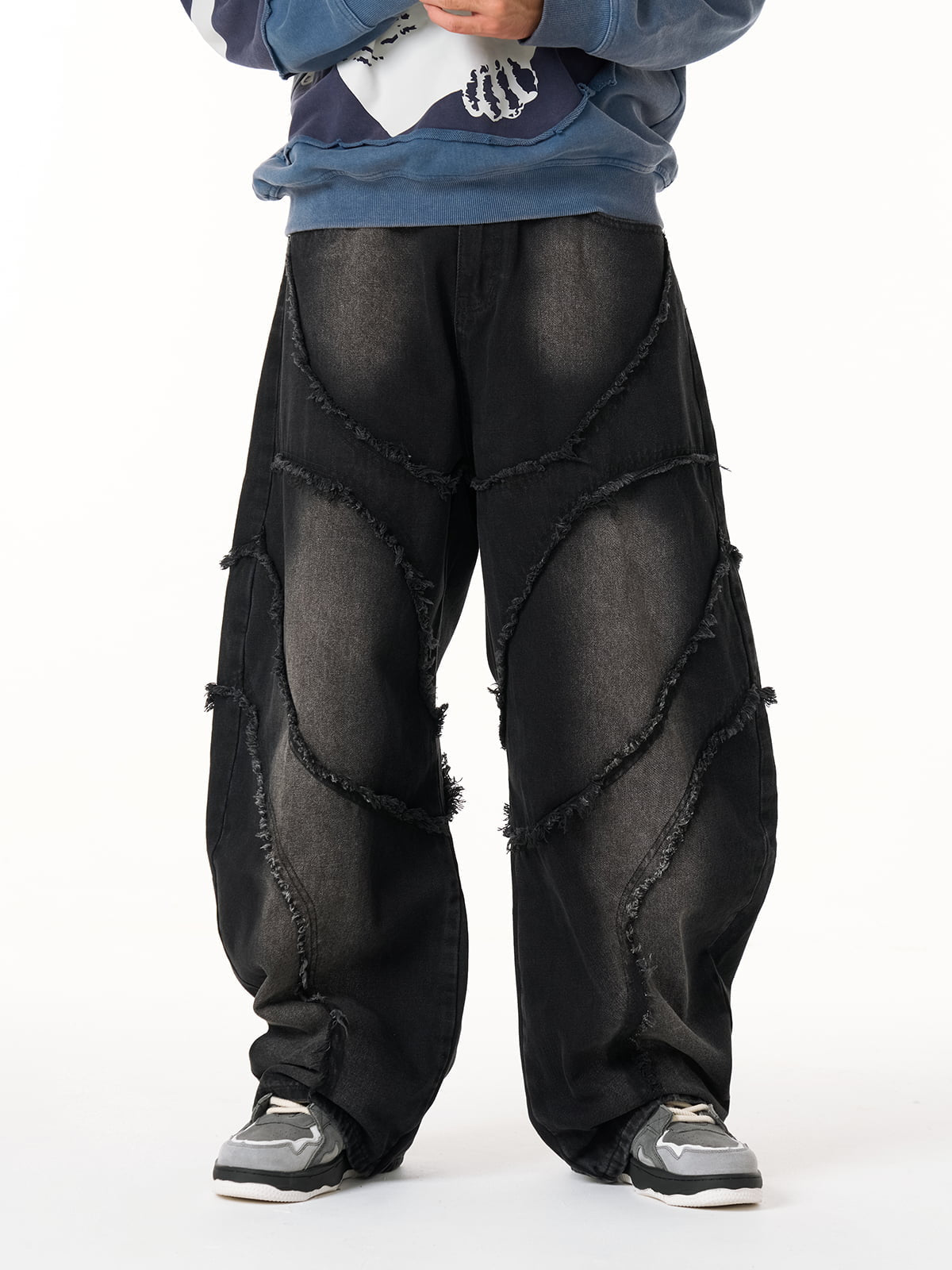 Washed Distressed Raw Edge Barrel Synthetic Leather Jeans (Dark Grey M) - Jeans | Zavonix