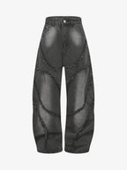 Washed Distressed Raw Edge Barrel Synthetic Leather Jeans (Dark Grey M) - Jeans | Zavonix