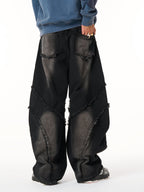Washed Distressed Raw Edge Barrel Synthetic Leather Jeans (Dark Grey M) - Jeans | Zavonix