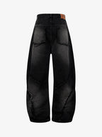 Washed Distressed Raw Edge Barrel Synthetic Leather Jeans (Dark Grey M) - Jeans | Zavonix