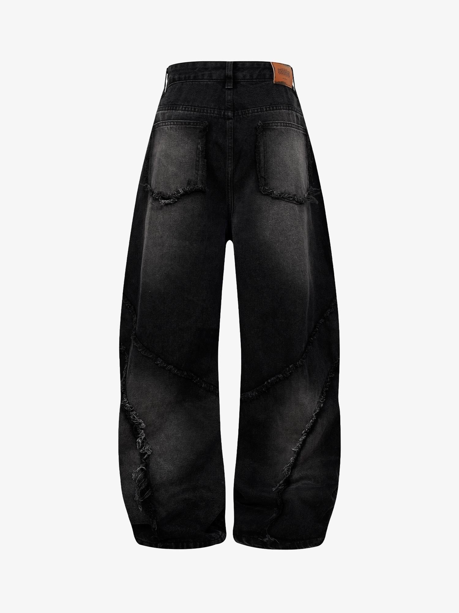 Washed Distressed Raw Edge Barrel Synthetic Leather Jeans (Dark Grey M) - Jeans | Zavonix