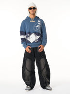 Washed Distressed Raw Edge Barrel Synthetic Leather Jeans (Dark Grey M) - Jeans | Zavonix