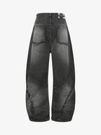 Washed Distressed Raw Edge Barrel Synthetic Leather Jeans (Dark Grey M) - Jeans | Zavonix