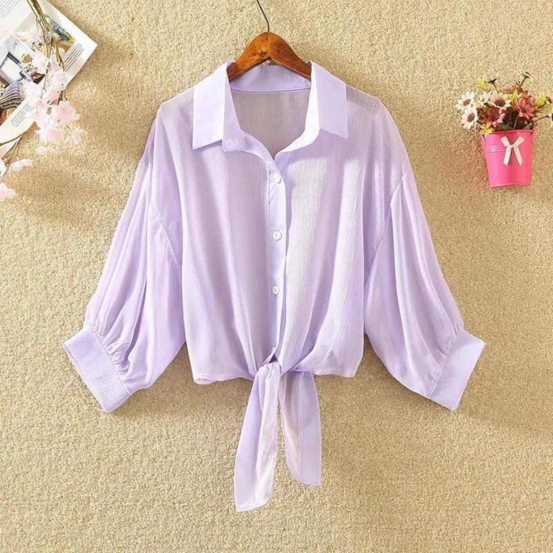 Walkenia — Soft Linen Blouse with Tie - Front and Gathered Sleeves (Purple XS) - | Zavonix