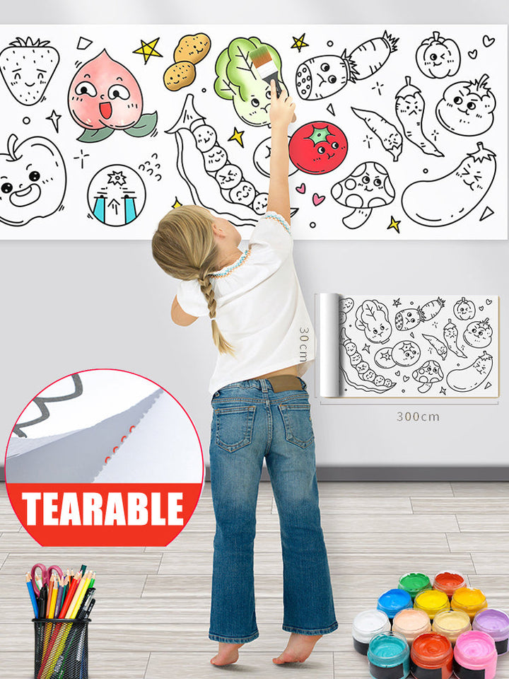 Child coloring a food-pattern paper roll attached to a wall, with a tearable-paper detail