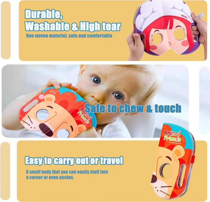 Cloth book panels showing washable pages, a baby holding the book, and its compact folded shape.