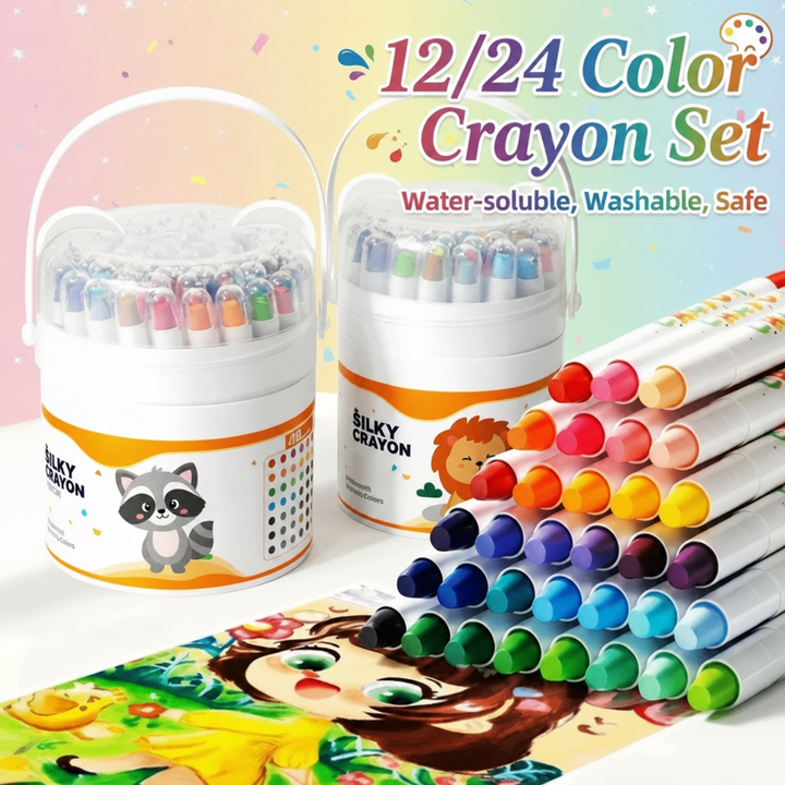Washable twist-up crayons in assorted colors beside two handled storage cases and a colorful drawing