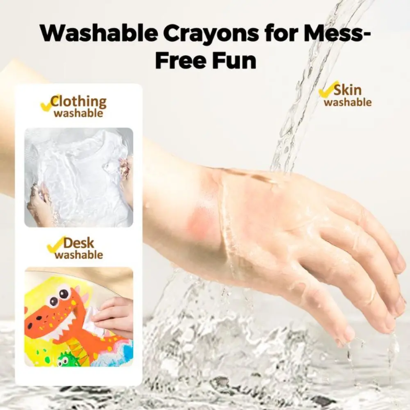 Washability demonstration showing a rinsed hand, white clothing, and a tabletop