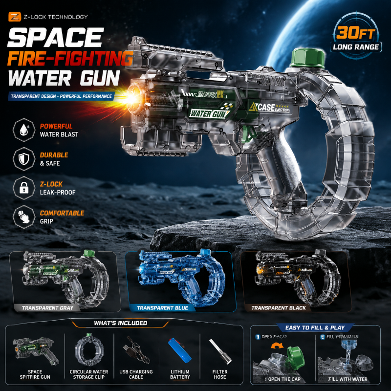 Transparent water gun overview with color options, accessories, and refill instructions