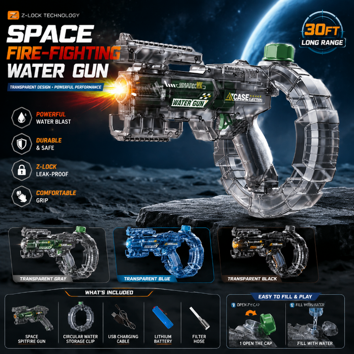 Transparent water gun overview with color options, accessories, and refill instructions