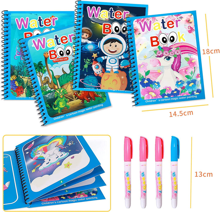 Water coloring books marked 18 x 14.5 cm beside water pens marked 13 cm long.
