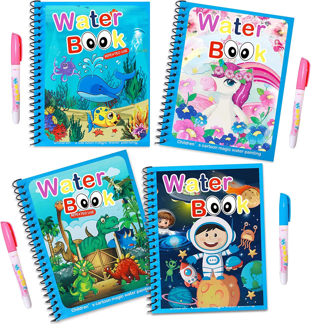 Four spiral-bound water coloring books with ocean, unicorn, dinosaur, and space covers and water pens.