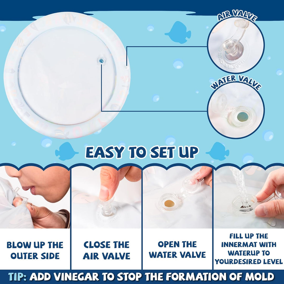 Air and water valve close-ups with steps for inflating and filling a baby water mat