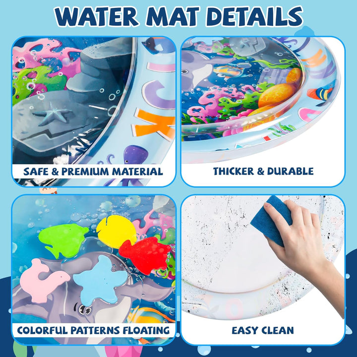Close-ups of the water mat edge, colorful floating shapes, and surface being wiped
