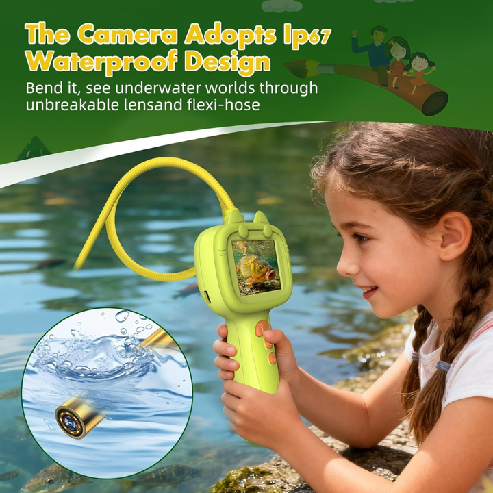 Child using the endoscope beside water, with an inset showing the camera tip submerged