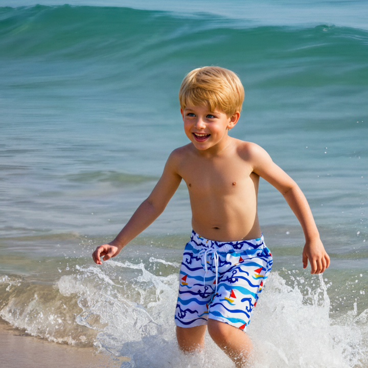 Child splashing at the beach in white swim trunks with blue waves and colorful sailboats