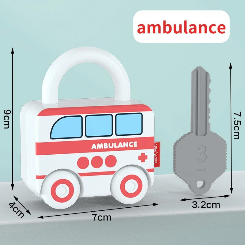 White ambulance lock with red details, a gray key, and measurement arrows.