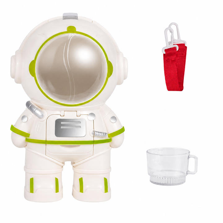White astronaut water bottle with green accents, a clear drinking cup, and a folded shoulder strap.