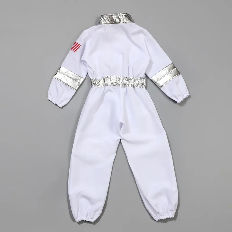 Back view of a white astronaut jumpsuit with silver-colored collar, waistband, and sleeve bands.