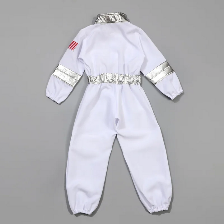 Back view of a white astronaut jumpsuit with silver-colored collar, waistband, and sleeve bands.