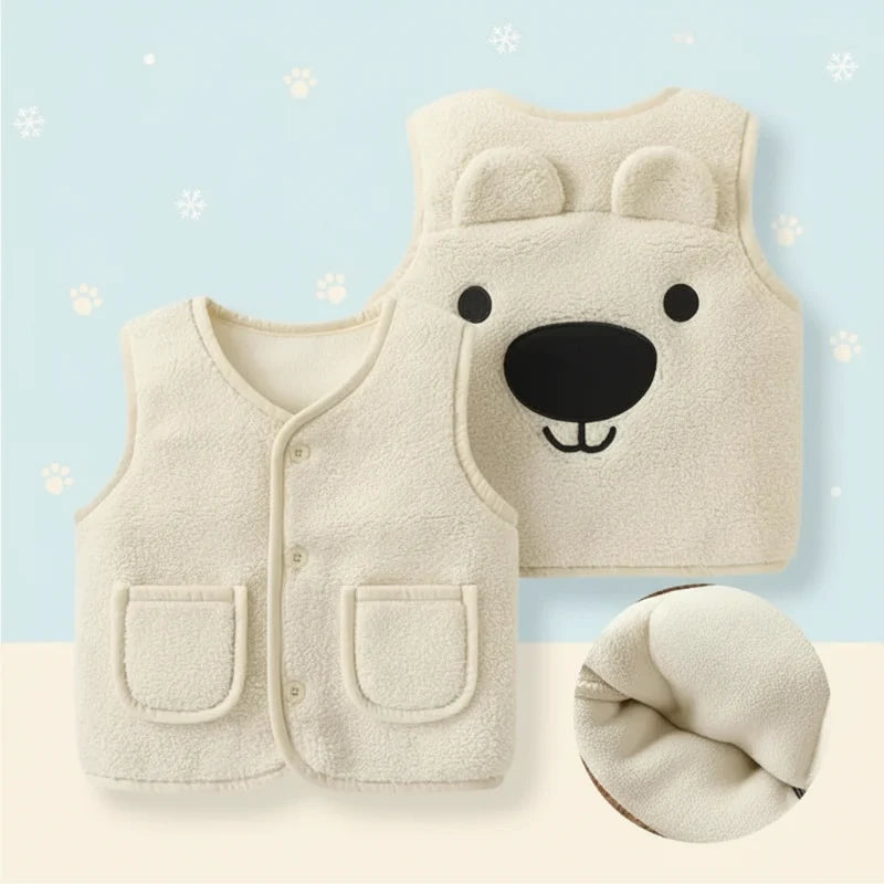 White bear fleece vest with front pockets, a bear face on the back, and a lining close-up.