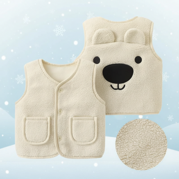 White bear fleece vest showing front pockets, raised back ears, and a close-up of the textured fabric.