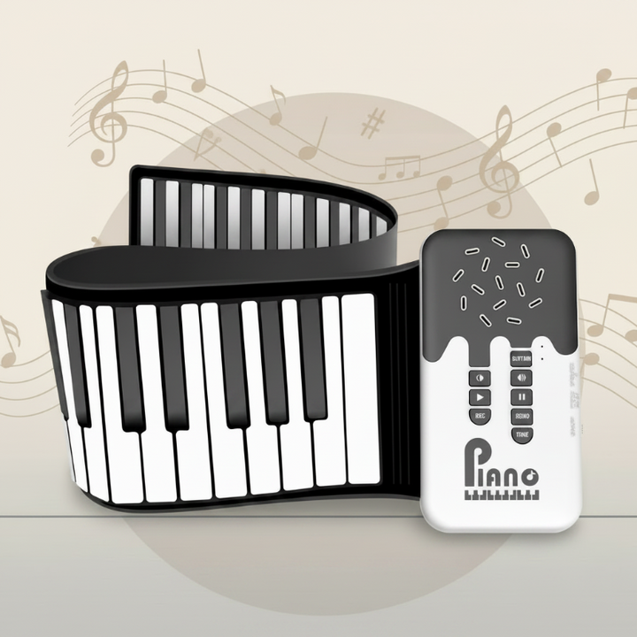 White and black roll-up piano keyboard curled beside its control unit