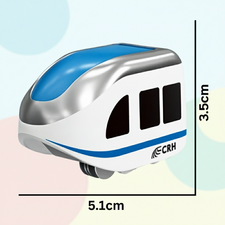 White and blue extra train car labeled 5.1 cm long and 3.5 cm tall