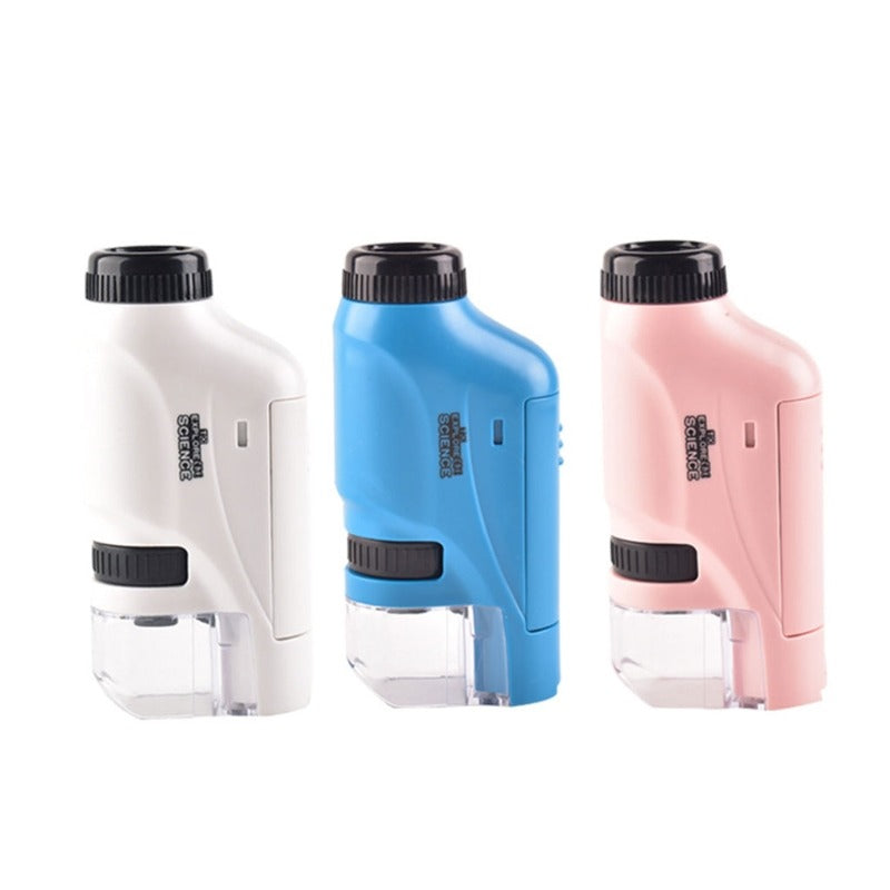 White, blue, and pink pocket microscopes with black eyepieces and clear bases.