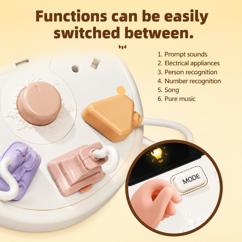 White busy board control graphic with a rotating dial, pastel plugs and mode-button inset