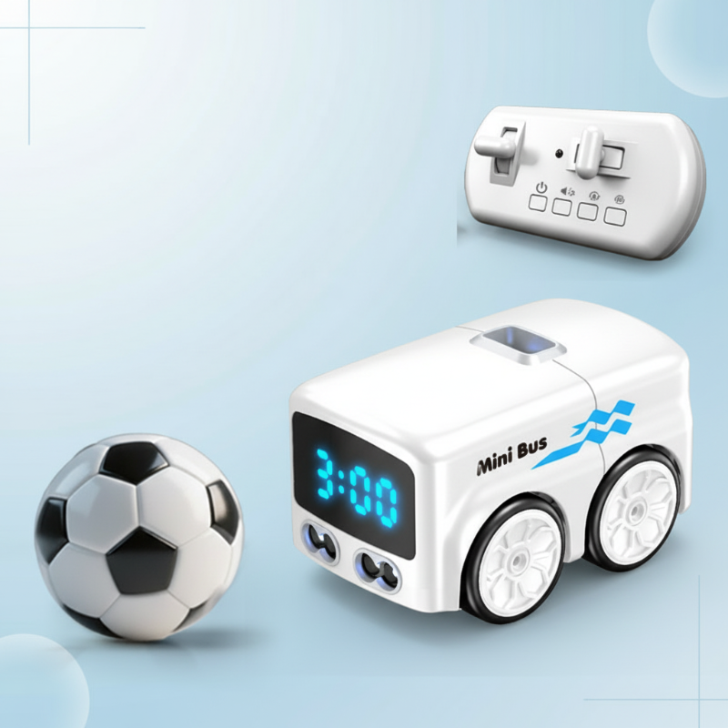 White mini bus with a light-up face, handheld controller, and soccer-pattern ball