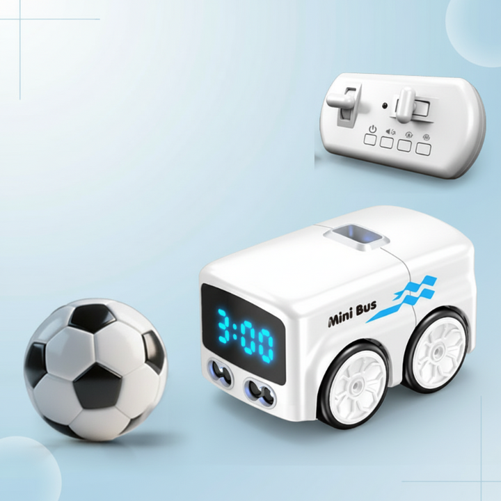 White mini bus with a light-up face, handheld controller, and soccer-pattern ball
