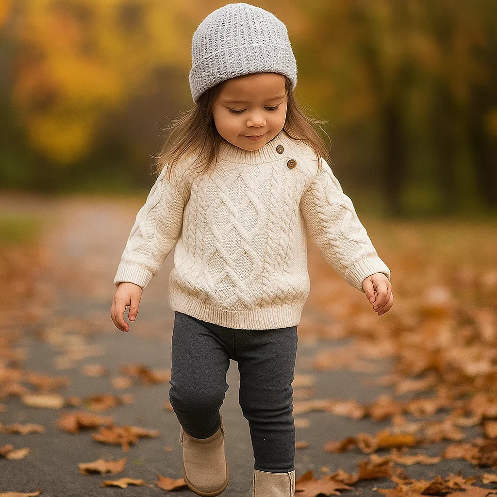 Child wearing a white cable-knit sweater with ribbed cuffs and hem outdoors.