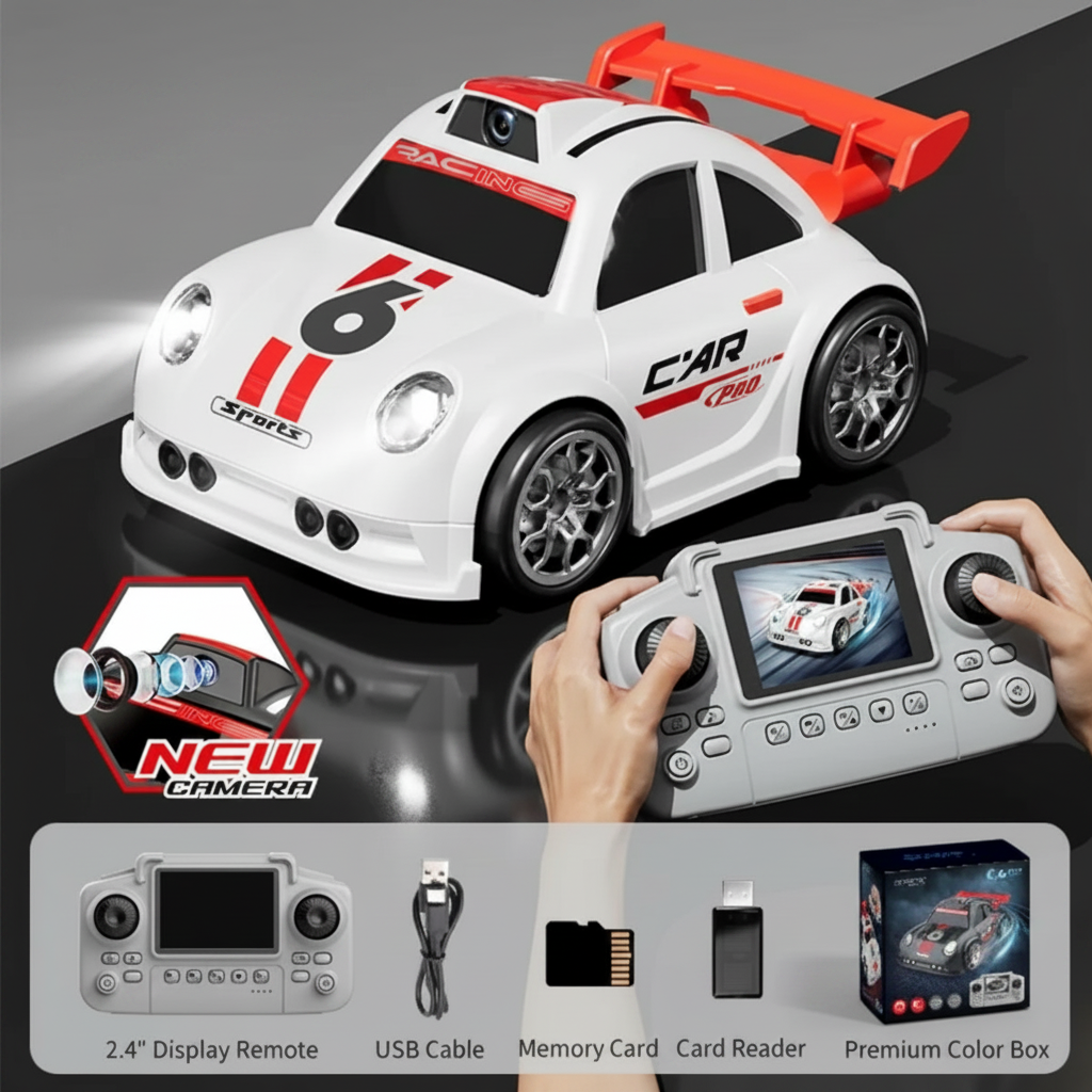 White camera RC car with screen remote, USB cable, memory card, card reader, and box
