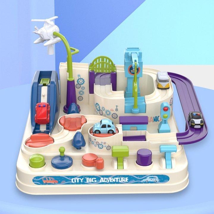 White car track playset with blue and purple road sections, colorful controls, and a helicopter