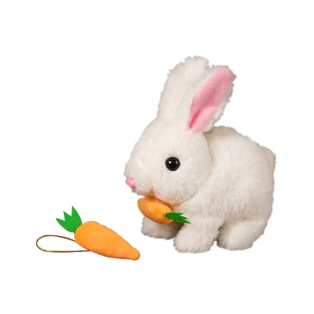 White plush rabbit shown with an orange carrot accessory