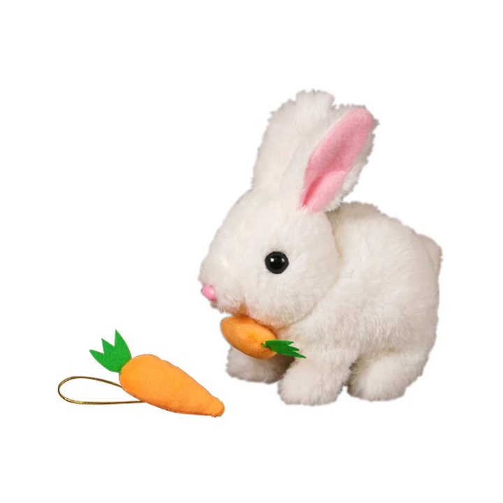 White plush rabbit shown with an orange carrot accessory