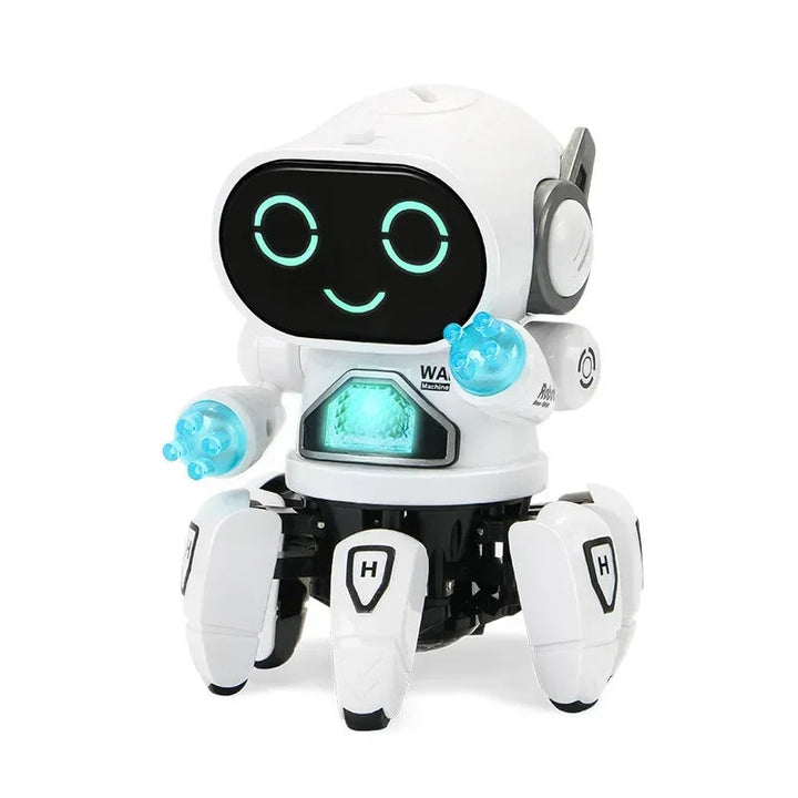White smiling toy robot with four claw-style feet and turquoise hand and chest details