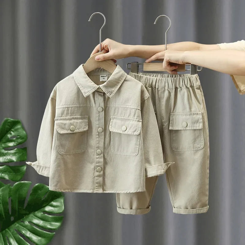 White cotton denim outfit with a collared button-front shirt and matching elastic-waist pants