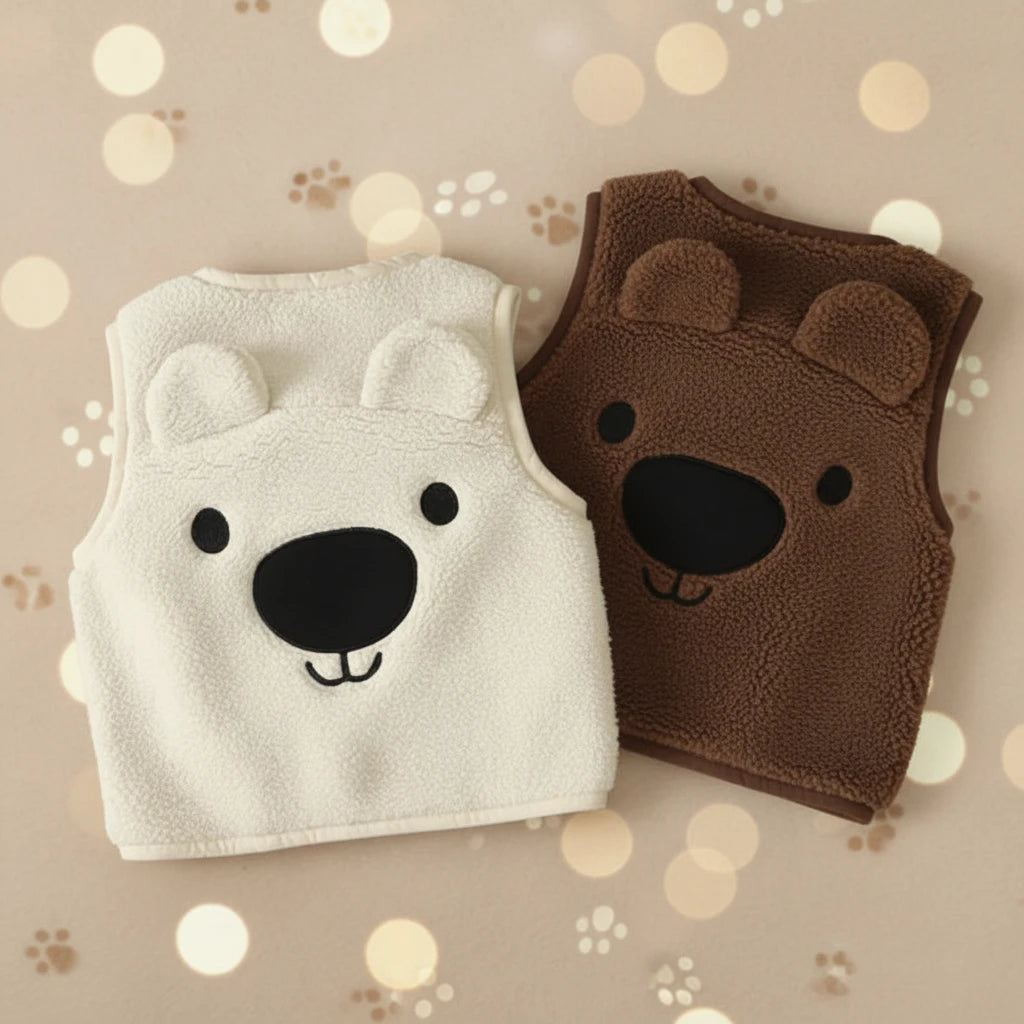 White and dark brown fleece vests with large bear faces and raised ears on the backs.
