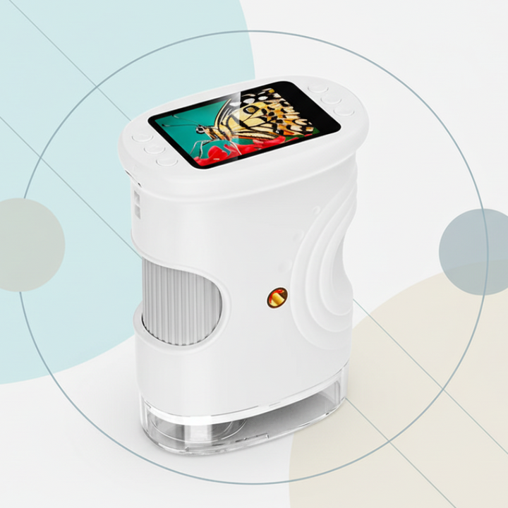 White handheld digital microscope with a color screen and clear base