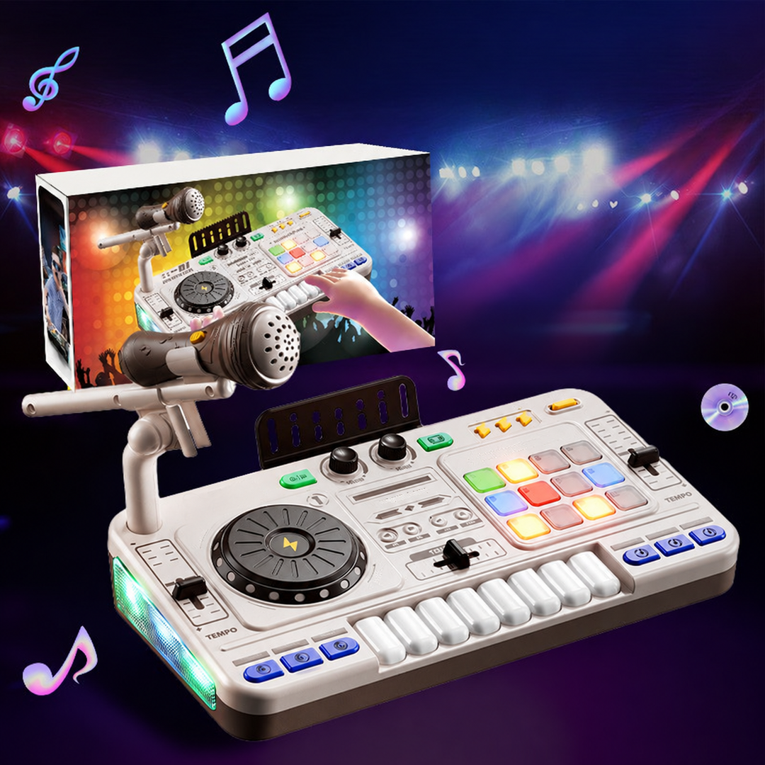 White DJ mixer toy with microphone and product box against a musical backdrop