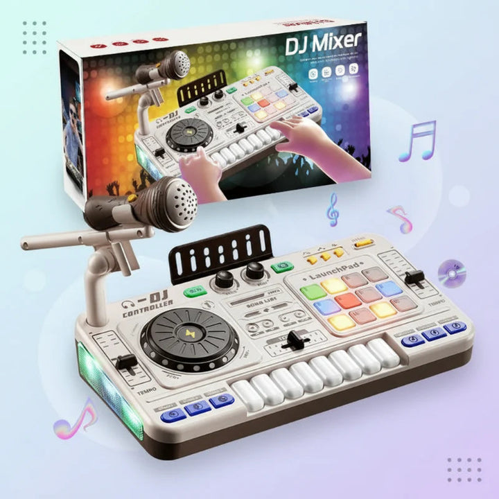 White DJ mixer toy with microphone, keyboard buttons, colorful pads, and product box