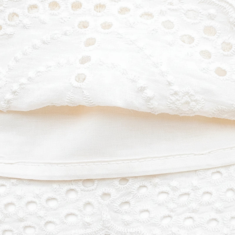 Close-up of white eyelet embroidery and a stitched fabric edge