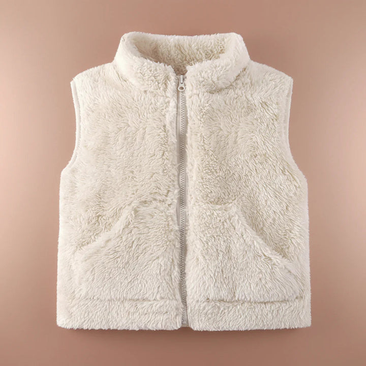 White fleece vest with a front zipper, stand-up collar, and two pockets